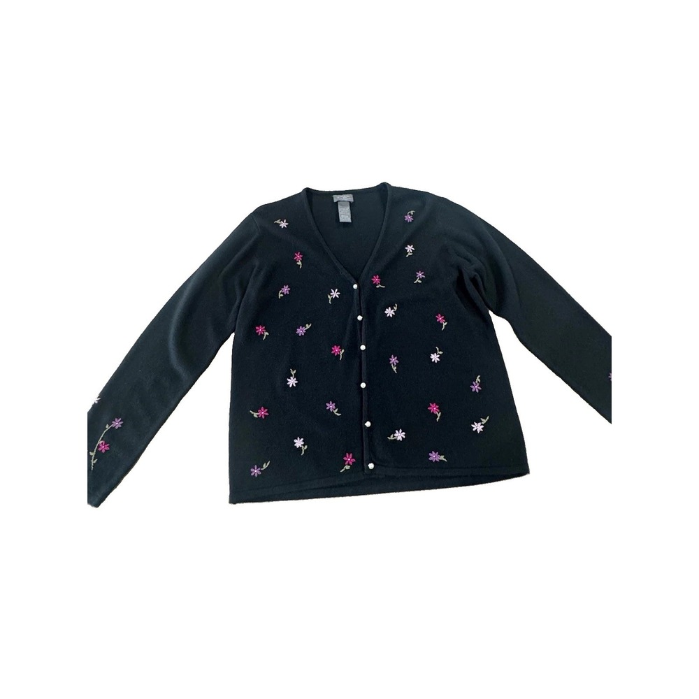 Designers Originals Women's M Black Floral Embroidered V-Neck Button-Up Cardigan